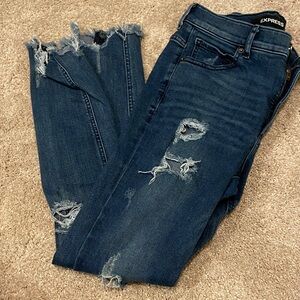 Express Women's Ripped Dark Blue Boyfriend Jeans